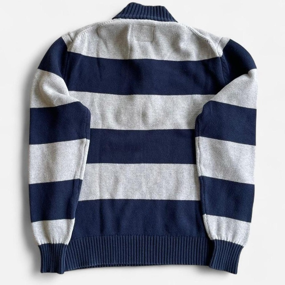 Navy Blue & Grey Striped Quarter Zip Mockneck Cotton Knit Sweater St. John’s Bay - Picture 5 of 5